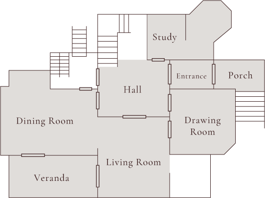 1F Dining Room・Shop/Living Room・Walking Guide/Drawing Room・Photo Spot/Restrooms/Veranda/Hall